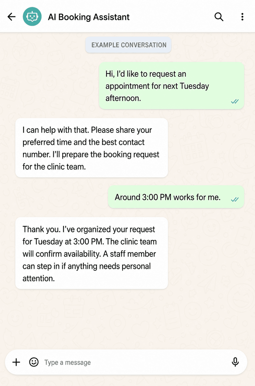 Anonymized example conversation with a WhatsApp AI booking assistant